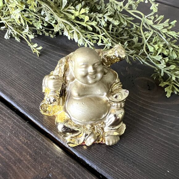 HAPPY Buddha Gold COLOR Feng Shui Laughing Lamp-Wisdom, Cloth Sack-Good Fortune - Picture 3 of 10